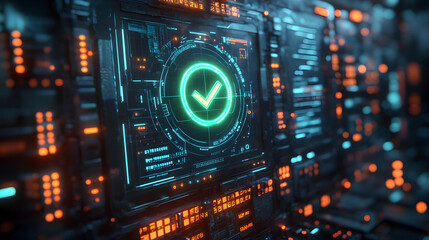 A glowing green checkmark appears on a digital screen, surrounded by circuit boards and flashing lights. The image symbolizes security, verification, and the successful completion of a task or process