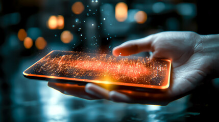 Hand holding a glowing, futuristic tablet with vibrant digital holograms hovering above the screen. technology and the concept of virtual interaction in a high-tech world
