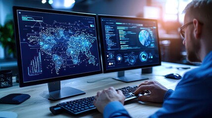 A man working on dual monitors displaying world data and analytics in a modern office environment.