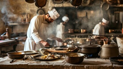 A rustic kitchen scene where chefs are using ancient cooking tools to prepare national dishes, evoking the atmosphere of past civilizations.