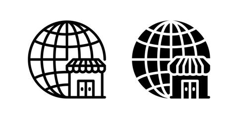 Icon of a globe and shopping retail, representing international e-commerce and online stores.