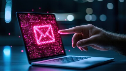 A person interacting with a laptop displaying a glowing email icon, representing digital communication and technology.