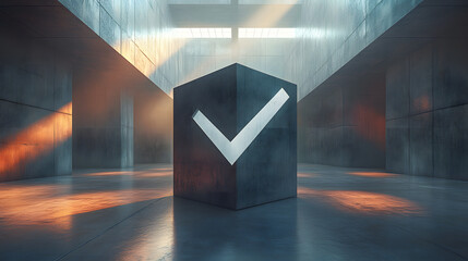 A stark white checkmark emblazoned on a gray cube, standing alone in a vast, concrete chamber bathed in sunlight. The image symbolizes a definitive decision or outcome.