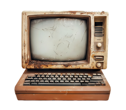 Rusty old computer, isolated on transparent cutout background