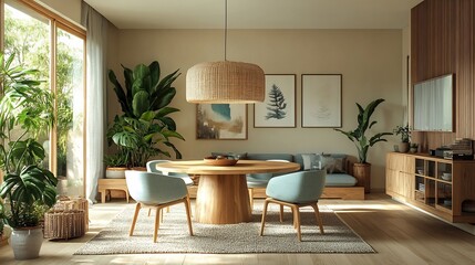 Scandinavianinspired living room featuring mintcolored chairs around circular wooden dining table beige walls and light wooden flooring accented by natural textures and plants