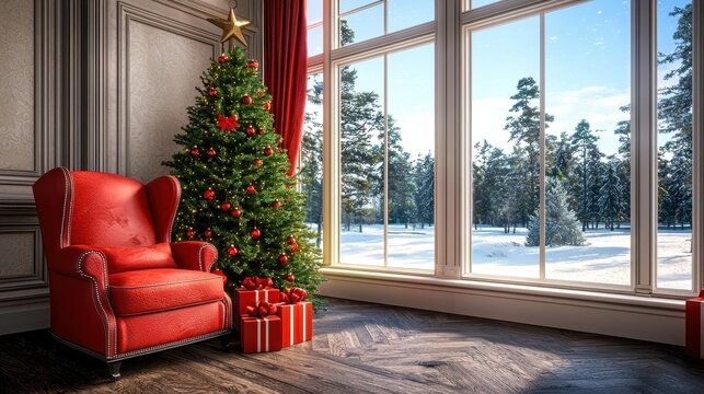 Cozy living room with Christmas tree, red armchair, and gifts, bright window view of snowy landscape.
