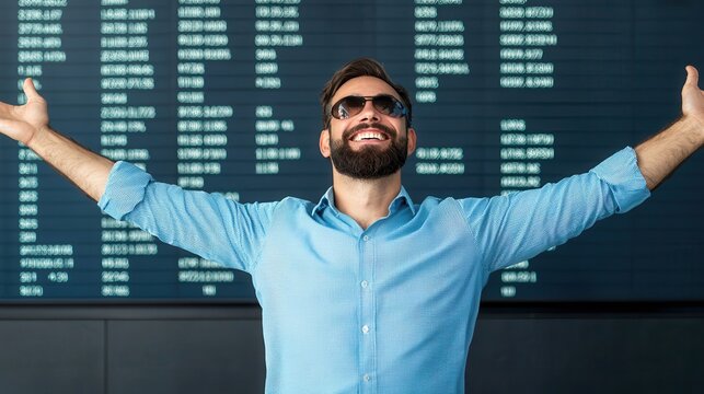 Joyful man with sunglasses at airport, embracing travel excitement and adventure.
