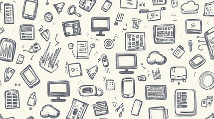 This collection features hand-drawn doodles illustrating various technology items, including devices and coding symbols in detailed designs. Generative AI