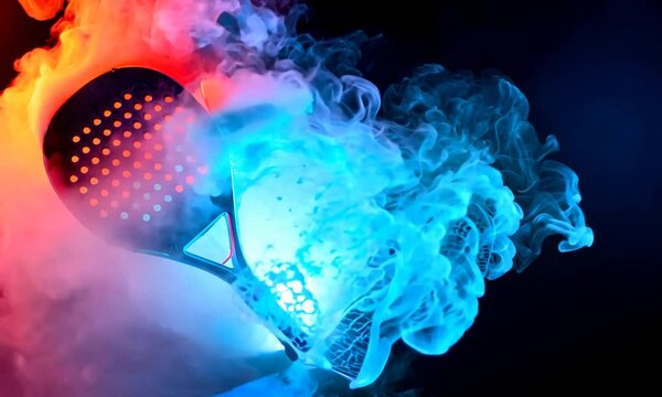 Padel tennis racket in neon lights. Background with copy space. Mockup for padel event tournament design. Open tour.