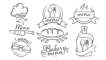 Restaurant and bakery, cafe chefs menu icons set, retro logo design. Funny doodle fork, spoon and knife, cutlery typography badges collection. Hand drawn chef food menu icons vector illustration