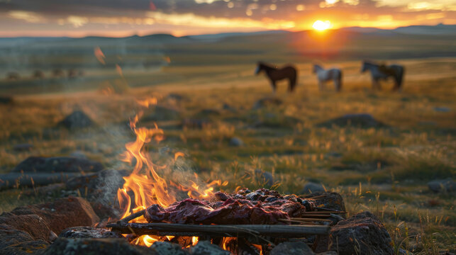 A scenic outdoor setting with a campfire roasting Mongolian lamb skewers, with wide open steppes and horses grazing in the distance.