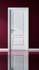Minimalist white door against a deep red wall, reflecting light for a modern look, perfect for interior design concepts.
