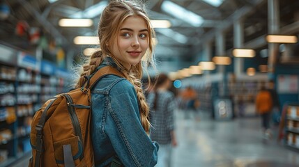 Fototapeta premium A young woman with a backpack smiles while walking through a busy indoor space.