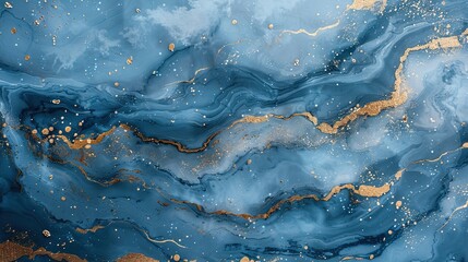 Fototapeta premium Abstract blue and gold marbled texture with fluid patterns.