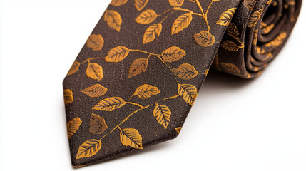 A beautifully patterned tie featuring intricate golden leaf designs on a dark brown background.