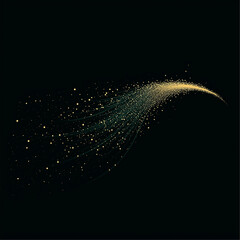 Abstract gold glitter, glowing trail on green background. AI generation.