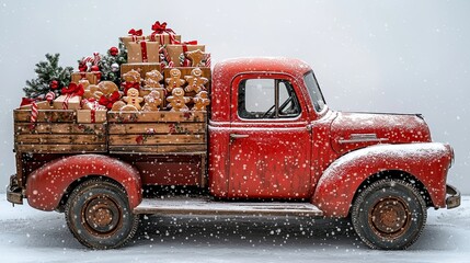 cute vintage red truck filled with trays of freshly baked Christmas cookies, like gingerbread men, sugar cookies, and candy cane shapes