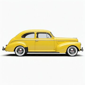 Fototapeta side view of yellow 1940s car isolated on white background