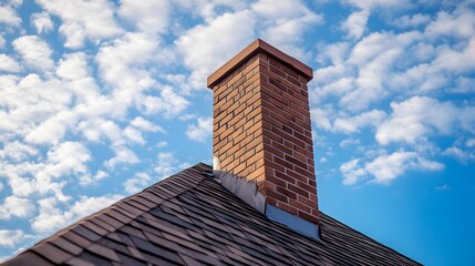 Brick chimney on a shingled roof beneath a blue cloudy sky, residential architecture with roofing details, exterior home view in warm sunlight, textured surfaces in a suburban setting.