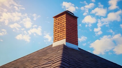 Brick chimney on a shingled roof beneath a blue cloudy sky, residential architecture with roofing details, exterior home view in warm sunlight, textured surfaces in a suburban setting.