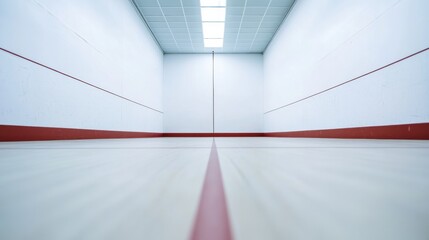 A squash court's front wall with the painted lines and surface texture, indoor setting with focused overhead lights, Clean style