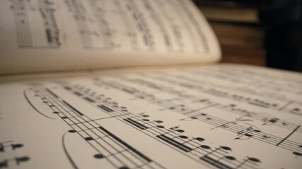 Slider macro background of saved medieval book with ancient musical notes writings. Texture of old handwritten classical symphony, beautiful melody, hobby concept.