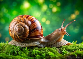 A stunning candid photography shot of two snails on a vibrant green background, showcasing unique shells—ideal for wildlife lovers and macro photography enthusiasts.
