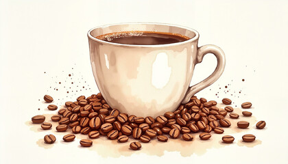 Obraz premium White coffee cup surrounded by roasted coffee beans on a light background