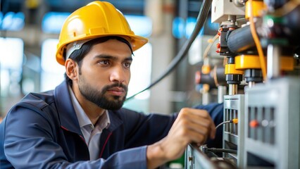 Electrical Engineer in Factory - Portrait of an Indian electrical engineer troubleshooting machinery.
