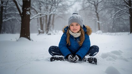 child playing with snow in winter