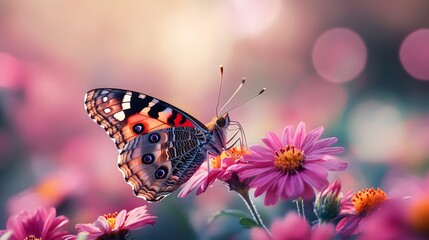 Obraz premium Colorful butterfly on a vibrant flower in a garden setting, soft bokeh background, vivid colors, delicate wings in a macro nature close-up with a summer atmosphere and shallow depth.