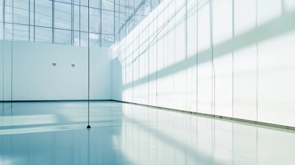 A squash court's glass wall with reflections and ball marks, indoor setting with intense overhead lights, Modern style