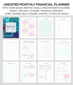 Undated monthly financial planner set, 8.5 x 11 inchi with bleed area for KDP upload or print, includes Vision Board, MonthlyGoals , Undated Monthly, Weekly & Daily planner, Financial Overview