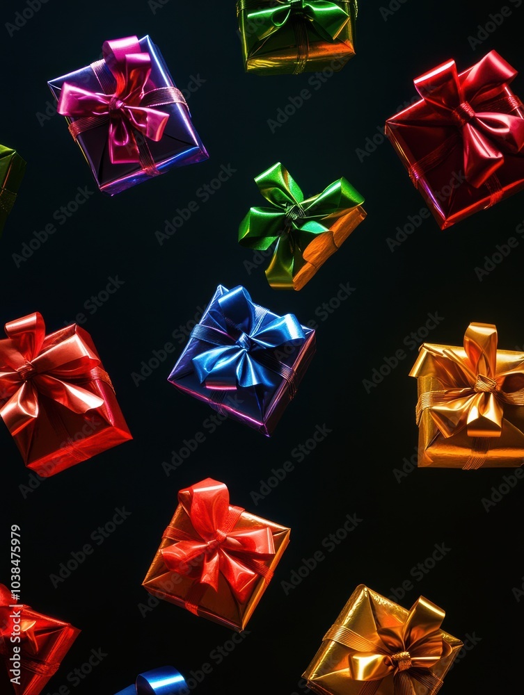Poster brightly colored gift boxes with shiny bows are suspended in the air, adding a joyful touch to festi