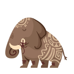 African cartoon elephant with tribal pattern. Funny animal of African savannah with tusks and doodle native tribe motif. Traditional culture of Africa mascot, cartoon cute elephant vector illustration