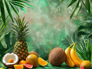 A tropical fruit background featuring exotic fruits like coconuts, pineapples, and mangoes, set against a lush green jungle backdrop with soft, natural lighting