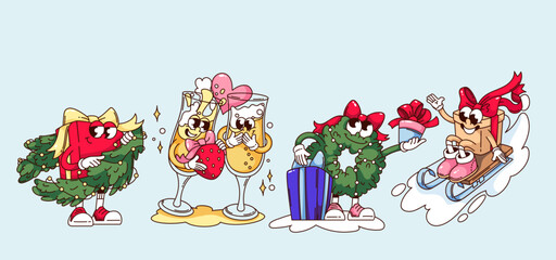 Groovy Christmas cartoon characters with gifts set. Funny retro pine tree wreath holding gift box, couple of wine glasses. Christmas present mascot, cartoon stickers of 70s 80s vector illustration