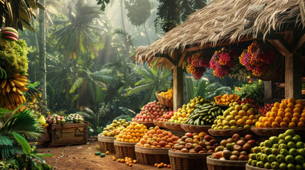 A tropical island market scene full of vibrant tropical fruits piled high in baskets, with a thatched roof hut and dense greenery in the background