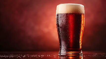 Glass of dark beer with frothy head and rising bubbles, amber liquid on a dark red background, macro shot with condensation, rich contrast, and atmospheric lighting of a craft brew.