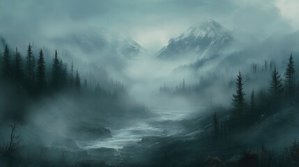 Misty Mountain Landscape with Fog and Forest