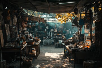 Naklejka premium Cozy antique shop interior with autumn leaves