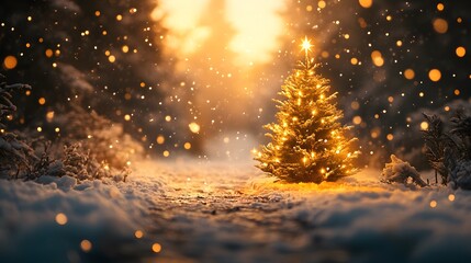 Obraz premium Illuminated Christmas tree on a snowy path with festive street lights, winter wonderland scene with falling snow, glowing bokeh, evening atmosphere, holiday decorations, warm golden lights.