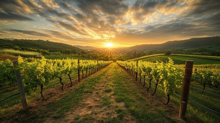 Naklejka premium Stunning sunset over a picturesque vineyard landscape