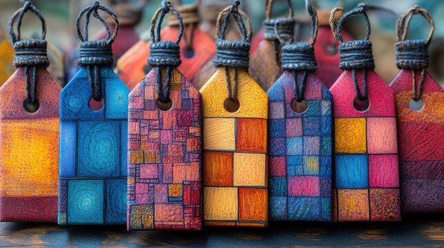 Colorful handcrafted wooden tags with intricate geometric patterns displayed in rows.
