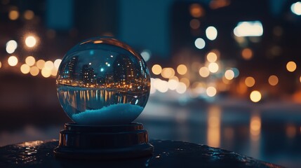 Schneekugel mit Stadtreflexionen bei Nacht