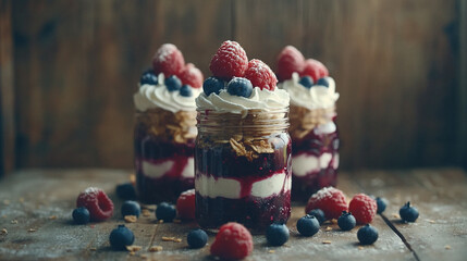 Delicious layered desserts with berries and cream served in jars on a rustic wooden table