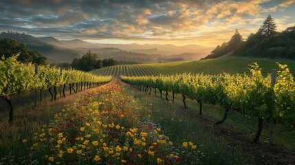 Naklejka premium Stunning sunset over a vibrant vineyard landscape