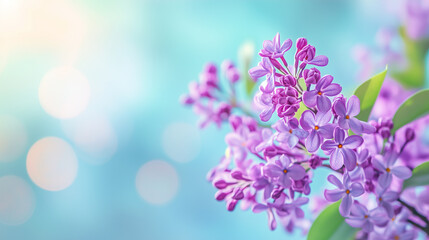 Fototapeta premium Spring blossom purple lilac flowers sunny light background garden branch