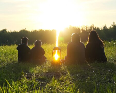 Halloween storytelling under a glowing pumpkin lantern family gathered around