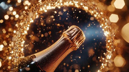 Champagne bottle with sparkling gold background